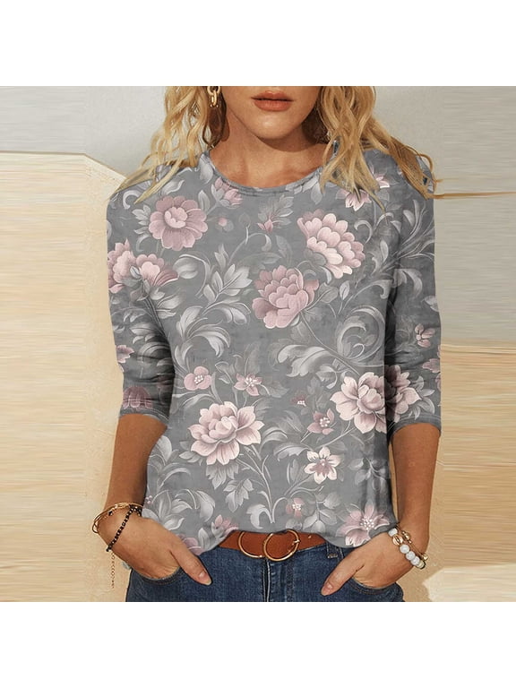 Women's Tops Plus Size 3/4 Length,Ladies' Fashion Printed Round Neck Three Quarter Sleeve 3/4 Sleeve T-shirt Loose Gray XXXXXL