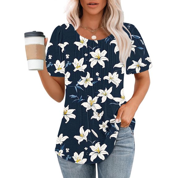Viikei Women's Tops Short Sleeve T Shirts Blouse,Ladies' Casual Short Sleeved Loose Round Neck Floral Print Top Multicolor L