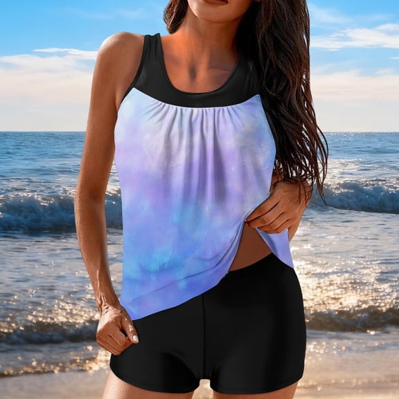 Viikei Women's Two Piece Swim Set Tankini,Women's Conservative High-waisted Fashionable Printed Two-piece Swimsuit Purple XL