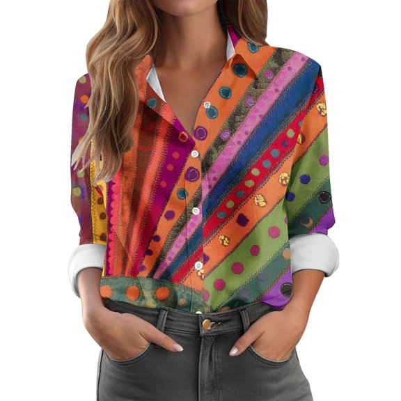 Viikei Women's V Neck Long Sleeve Cotton Blend Tops,Women's Fashion Long Sleeve Turndown Collar Casual Printed Lapel Button Up Shirt Multicolor L
