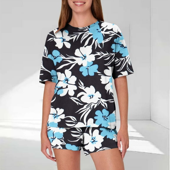 Viikei Womens 2 Piece Matching Sets,Women's Casual Loose Printing Round Neck Short Sleeved Shorts Pajamas Suit Black XL
