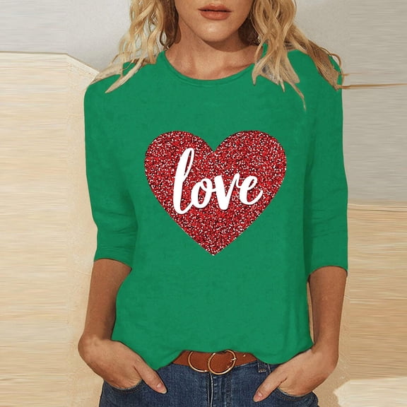 Going Out Tops for Women Viikei Womens Blouse under $10,Plus Size Womens Clothes,Women's Valentine's Printed Crew Neck 3/4 Sleeve T-shirt Loose Tops Green M