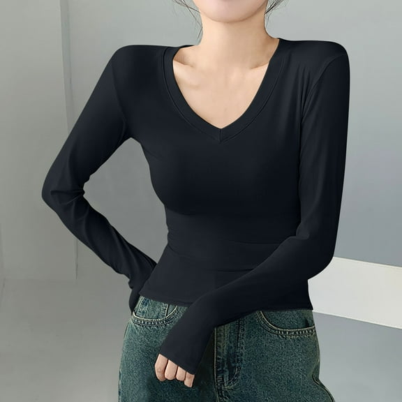 Viikei Womens Blouse Long Sleeve,Women's New Long Sleeve V-neck Pullover Solid Color Casual Base Top Black XL