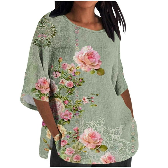 Viikei Womens Blouse Plus Size,Women's Ladies Fashion Casual Cropped 3/4 Sleeve Printing Loose Shirt Blouse Top Green S