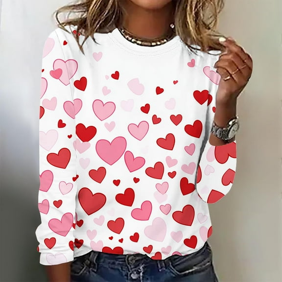 Workout Tops for Women Viikei Womens Blouse Plus Size,Women's Valentine's Day Fashion Print Loose Comfortable Crew-neck Long Sleeve Tops White XL