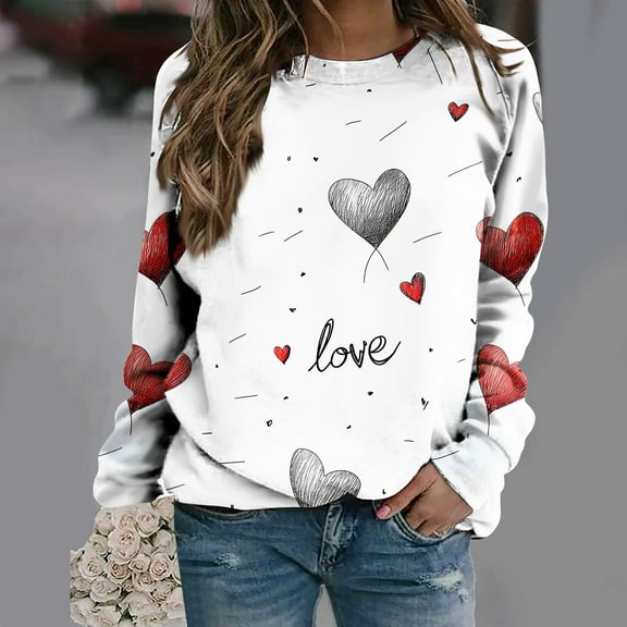 Viikei Womens Blouse and Tops Casual,Sweatshirts for Women Oversized,Women's Fall and Winter Valentine's Day Print Casual Long Sleeved Round Neck Hooded Sweatshirt Tops Blouse White S