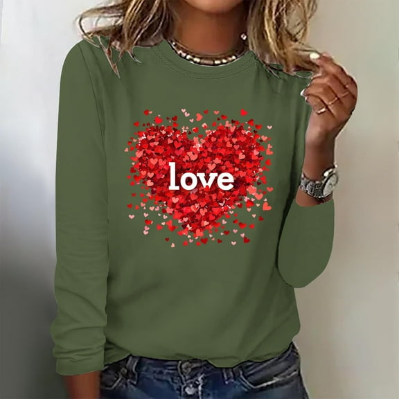 Workout Tops for Women Viikei Womens Blouse and Tops Casual,Sweatshirts for Women Oversized,Women's Valentine's Day Fashion Print Loose Comfortable Crew-neck Long Sleeve Tops Army Green L