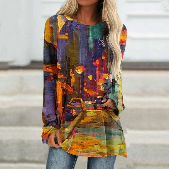 Workout Tops for Women Viikei Womens Blouse and Tops Casual,Women's New Casual Fashion Crew-neck Long-sleeved Pullover Printed Top Red M