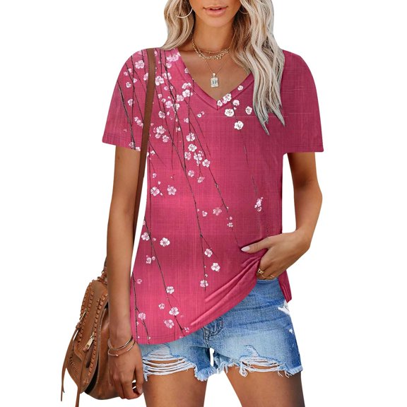 Viikei Womens Blouses Short Sleeve,Summer Shirts for Women Short Sleeve,Women's New Short-sleeved V-neck Pullover Casual Printed Fashion Top Multicolor M
