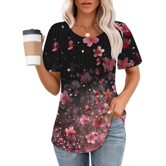 Viikei Womens Blouses Short Sleeve,Summer Shirts for Women Short Sleeve,Ladies' Casual Short Sleeved Loose Round Neck Floral Print Top Multicolor S