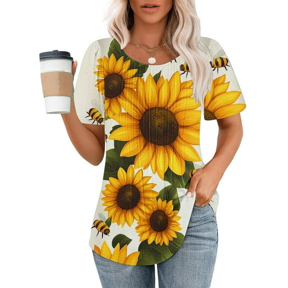 Viikei Womens Blouses Short Sleeve,Summer Shirts for Women Short Sleeve,Ladies' Casual Short Sleeved Loose Round Neck Printed Top Multicolor S