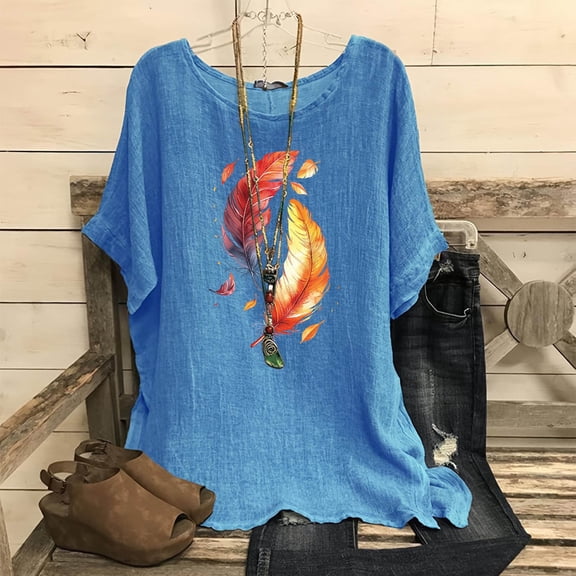 Viikei Womens Blouses Short Sleeve,Women's Fashion Print Tees Casual Crew Neck Raglan Short Sleeve Loose T Shirt Linen Blouses Blue M