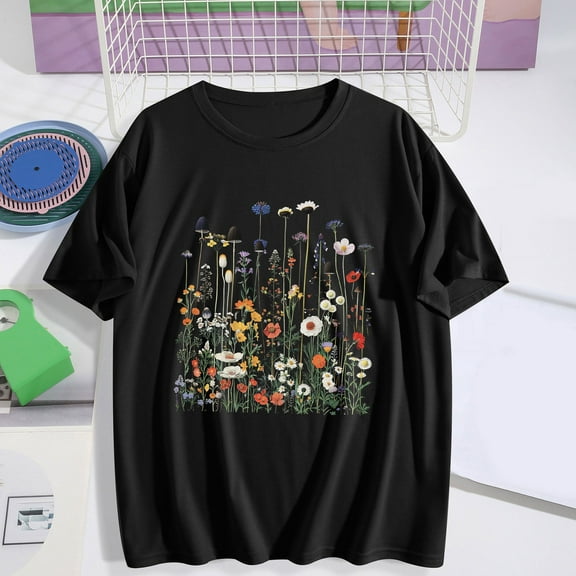 Viikei Womens Blouses and Tops Dressy,Women's Printed Short Sleeved T-shirt Black XL