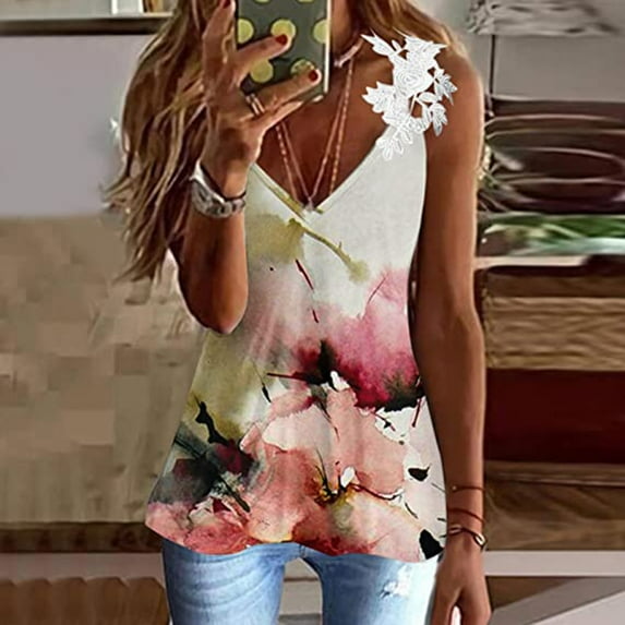 Viikei Womens Camisoles and Tanks Plus Size Tank Tops for Women Camisoles for Women Fashion Casual Printed V-neck Sleeveless Pullover Off Shoulder Lace Tops Blouse T-shirt