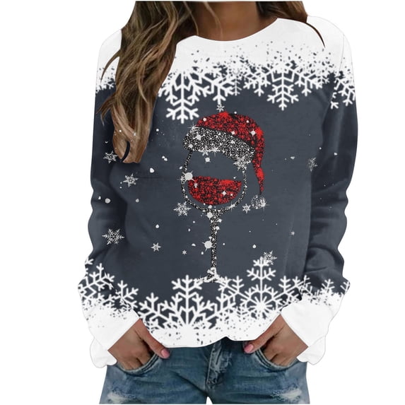 Viikei Womens Christmas Women's Fashion Printed Loose T-shirt Long Sleeves Blouse Round Neck Casual Tops