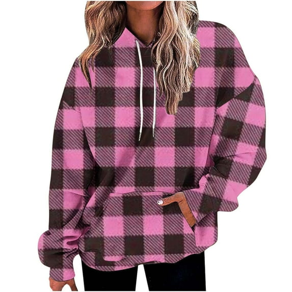 Viikei Womens Christmas Women's plaid printed hooded button pocket long sleeved top sweater