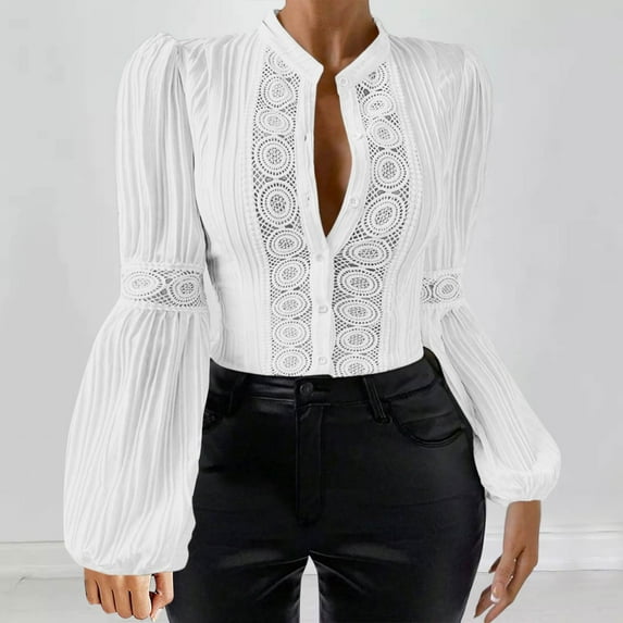 Viikei Womens Clothes Fall,Blouse for Women Clearance under $10,Womens Lace Patchwork Lantern Long Sleeve Collar Shirt White M