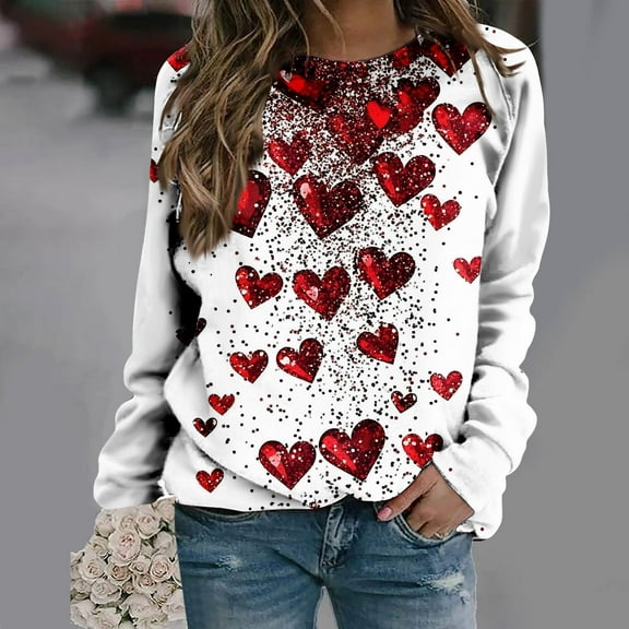 Viikei Womens Clothes Plus Size,Long Sleeve Shirts for Women,Women's Fall and Winter Valentine's Day Print Casual Long Sleeved Round Neck Hooded Sweatshirt Tops Blouse Multicolor XXXXL
