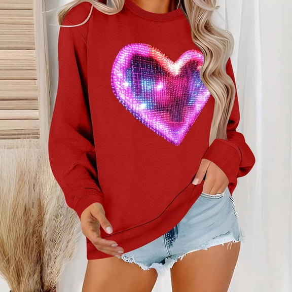 Viikei Womens Clothes Plus Size,Long Sleeve Shirts for Women,Women's Round Neck Lover's Love Top Hoodie Long Sleeved Round Neck Top Red M