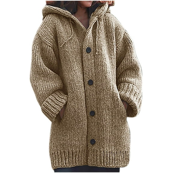 Viikei Womens Coats and Jackets Clearance Women's Solid Color Single-Breasted Pocket Hooded Warm Knitted Sweater Coat Top