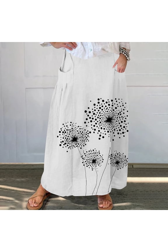 Womens Skirts Clearance Summer Maxi Skirt,Women's Printed Elastic Waistband Pleated Pocket Skirt With Mid Calf Skirt White XXXL