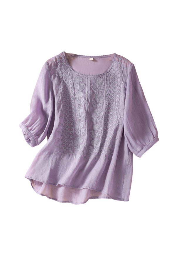 Womens Cotton and Lines Tops Plus Size short Sleeve Retro O-Neck Bubble Sleeve Cuffs Knitted Blouse for Women Stylish Loose Solid Color Casual Shirt for Spring Summer Womens Fashion Tops
