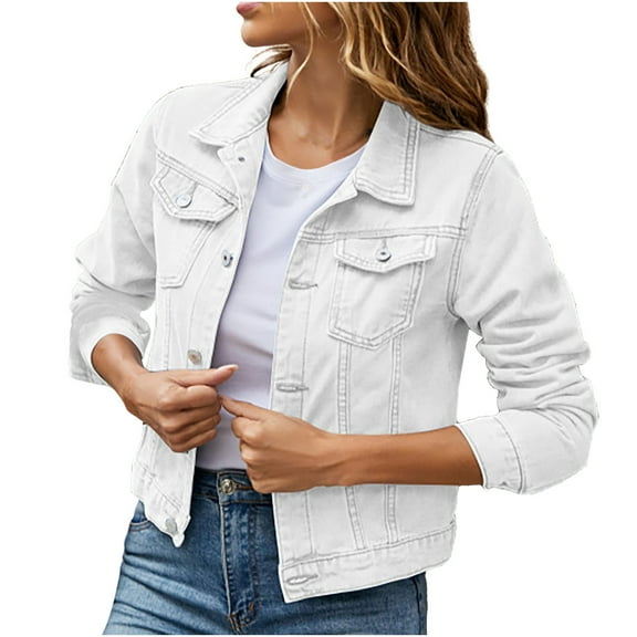 Viikei Womens Denim Jackets Plus Size Denim Jackets for Women Clearance Classic Casual Solid Color Long Sleeve Denim Blouse Jacket Coat