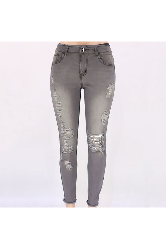 Womens Denim Pants Pull-on,Women Casual Jeans with Nine Split Holes Pockets Trousers Gray XXL