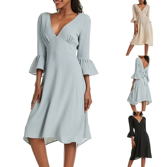 Viikei Womens Dresses 3/4 Length Sleeve,Women Deep V-Neck 3/4 Sleeve Midi Long Sleeve V-Neck Knee-High Dress Khaki L