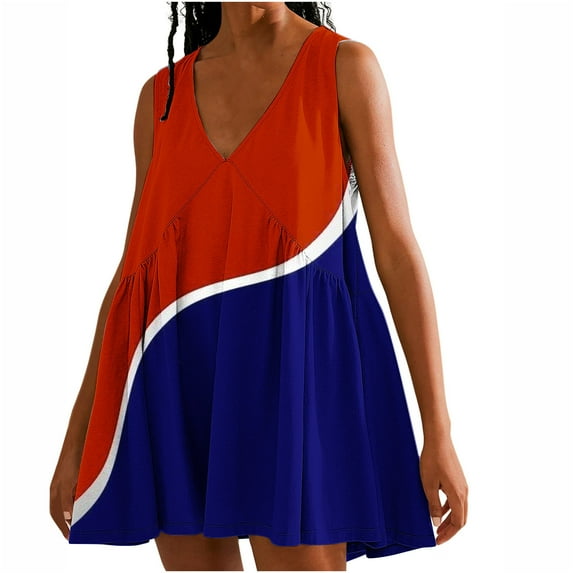 Viikei Womens Dresses Clearance,Dresses for Women Plus SizeNew Women's Casual Loose V-neck Sleeveless Printed Short Dress Blue S