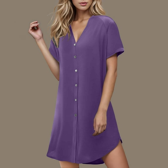 Viikei Womens Dresses Clearance,Plus Size Summer Maxi Dress for Women,Women's Casual Button Summer Dress V-neck Spring Short Sleeve Dress Night Dress A Line Casual Dress Purple S