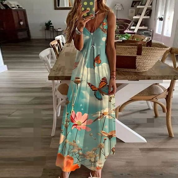 Viikei Womens Dresses Clearance,Plus Size Summer Maxi Dress for Women,Women's Summer Print Casual Loose Sleevless V-Neck Dress Green M