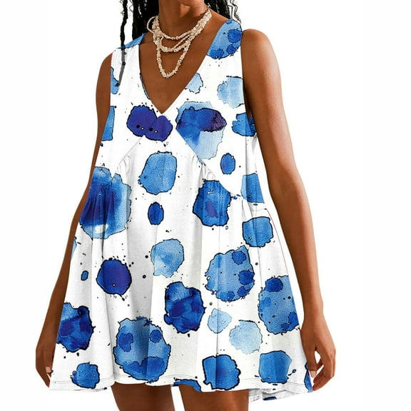 Viikei Womens Dresses,Summer Dresses for Women 2025,Women Casual Loose Summer Print Pleated Sleeveeless V-Neck Dress with Pocket Light Blue M