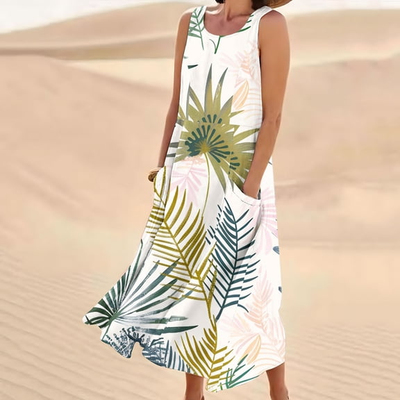 Viikei Womens Dresses,Dresses for Women Plus SizeWomen's Sleeveless and Linen Round Neck Printed Long Dress with Pocket Mint Green XL