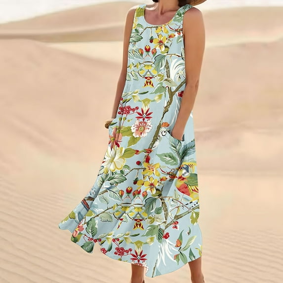 Viikei Womens Dresses Plus Size Clearance Sales,New Women's Sleeveless and Linen Round Neck Printed Long Dress Light Blue XXL