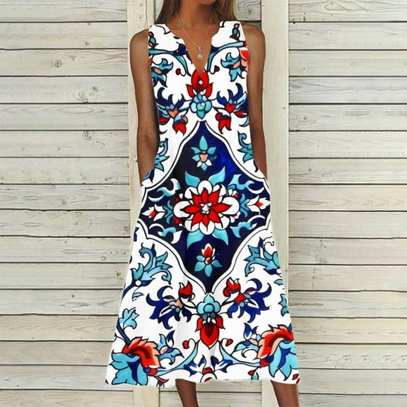 Viikei Womens Dresses Plus Sizes,New Women's V-neck Button Button Sleeveless Printed Long Dress White S