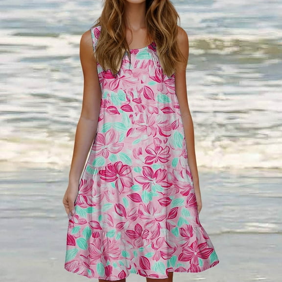Viikei Womens Dresses Plus Size,Elegant Short Sleeve Dress for Women,Women's Fashion Holiday Summer Solid Color Sleeveless Party Beach Dress Pink S