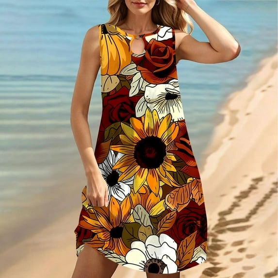 Viikei Womens Dresses Plus Size,Elegant Short Sleeve Dress for Women,Women's Round Neck Sleeveless Gradient Tie Dyed Beach Dress Yellow L