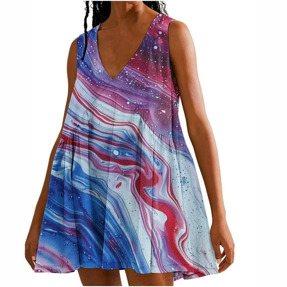 Viikei Womens Dresses Plus Size,New Women's Casual Loose V-neck Sleeveless Printed Short Dress Blue S