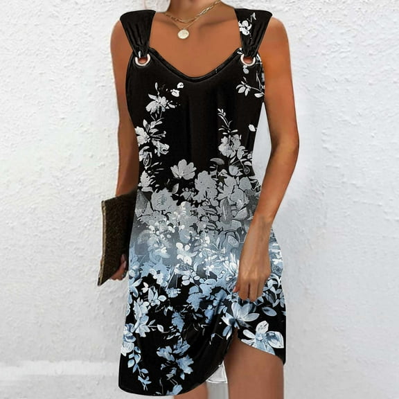Viikei Womens Dresses Plus Size Spring,Breathable Cotton Short Sleeve Dress,Women's Casual Versatile Printed V Neck Casual Sleeveless Suspender Dress Black S