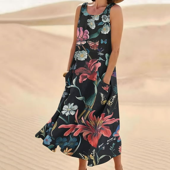 Viikei Womens Dresses Plus Size Spring,Dresses for Women,New Women's Sleeveless and Linen Round Neck Printed Long Dress Black M