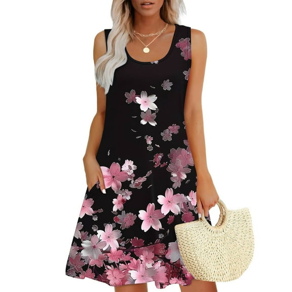 Viikei Womens Dresses Plus Size Spring,Dresses for Women,Women Casual Loose Summer Printed Dress Sleeveless V-neck Top/shirt Set Black S