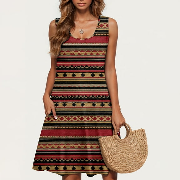 Viikei Womens Dresses Plus Size Spring,Dresses for Women,Women's Casual Plus-size Sleeveless Crew Neck Striped Short Dress Khaki S