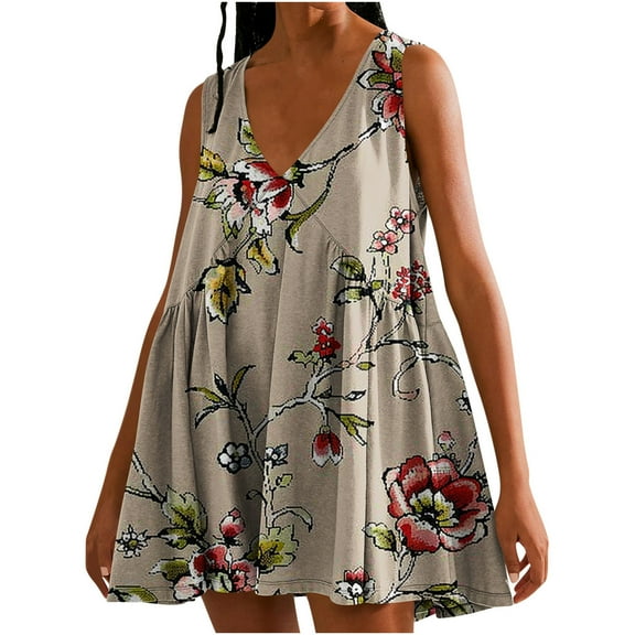 Viikei Womens Dresses Plus Size Spring,Dresses for Women,Women's Summer Print Casual Loose Sleevless V-Neck Dress Beige XXL