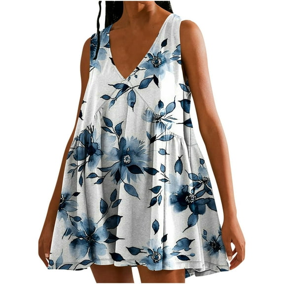 Viikei Womens Dresses Plus Size Spring,Dresses for Women,Women's Summer Print Casual Loose Sleevless V-Neck Dress Blue XL