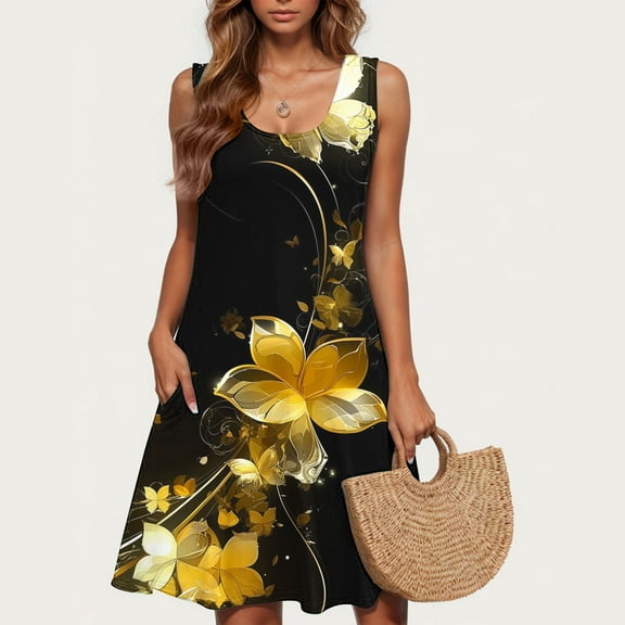 Viikei Womens Dresses Plus Size Spring,Ladies' Fashion Trend Floral Print Sleeveless Round Neck Knee Length Skirt Multicolor XL