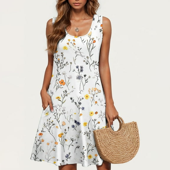 Viikei Womens Dresses Plus Size Spring,Women's Casual Plus-size Sleeveless Round Neck Short Floral Dress White L