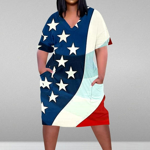 Viikei Womens Dresses Plus Size Spring,Women's Casual Slip Short Sleeve Dress,Plus Size Dress for Women V Neck Summer Printing Sundresses Knee Short Sleeve with Pockets Blue XL