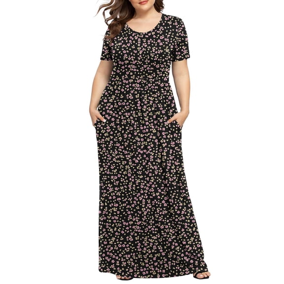 Viikei Womens Dresses Plus Size Spring,Women's Casual Slip Short Sleeve Dress,Women's Plus Printed Casual Short Sleeve Round Neck Pleated Pocket and Ankle Dress Black XL