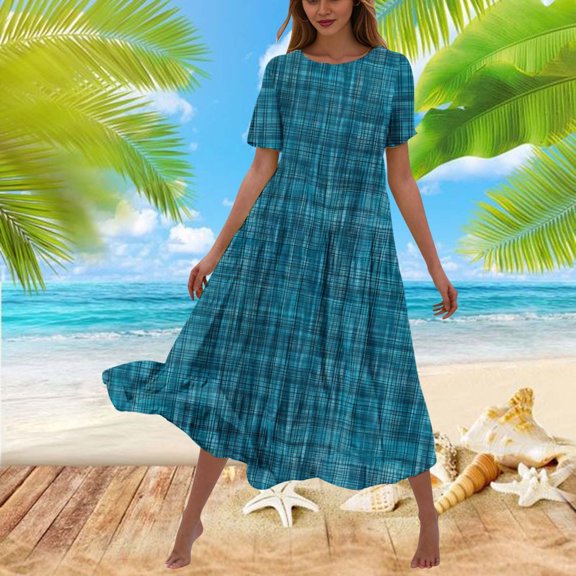 Viikei Womens Dresses Plus Size Spring,Women's Flower Printing Casual Short Sleeve Crewneck Dress Casual Flowy Tiered Maxi Beach Dress Blue XL